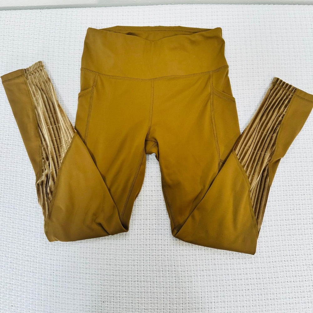 Mono B - Women Brown/Gold Ribbed Velvet Leggings- Activewear Pants -Size M-Gym